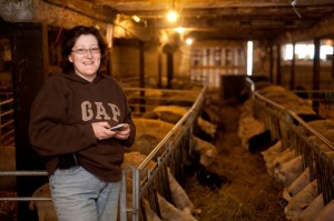 Luann stands in the barn with her flock of sheep – and her well used smart phone. 